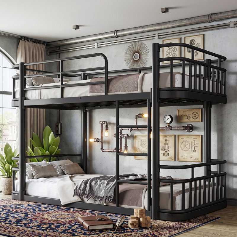 Cadre de lit superposé rond en métal moderne avec rails de sécurité et échelle, lit superposé en acier compact pour chambre à coucher et dortoir