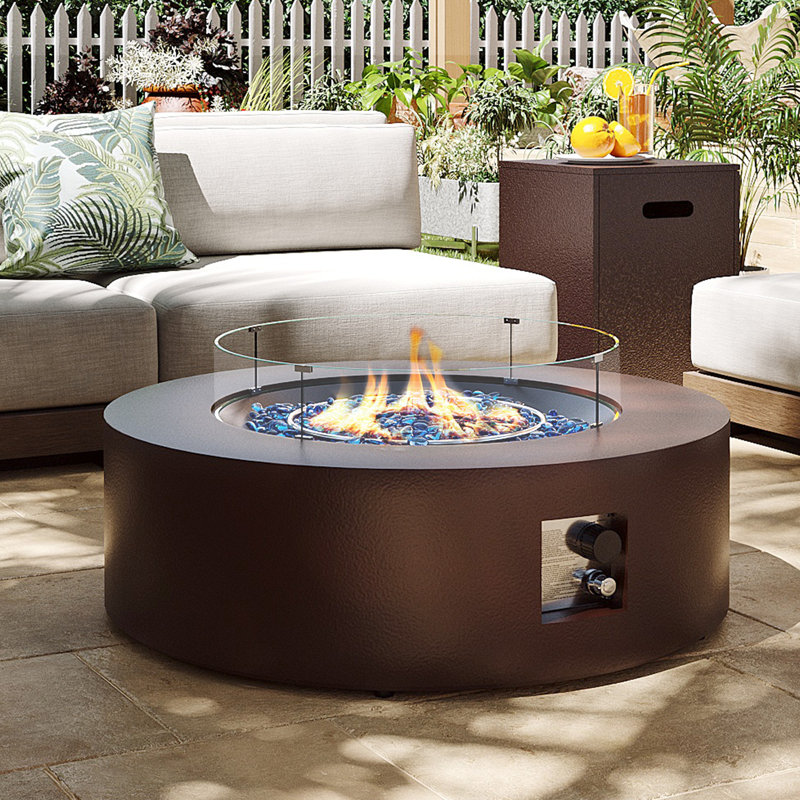 50,000 BTU 42 in. Round Iron Propane Fire Pit Table with Tank Cover and Glass Wind Guard in Dark Brown, Brown