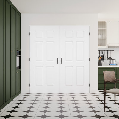 Porte intérieure à 6 panneaux en MDF massif moulé, certifiée CARB P2, avec cadre et quincaillerie noire mate (loquets à bille, charnières et poignées), préfinie et imperméable, idéale pour garde-manger, chambre, salle de bain et placard, teinture facile à appliquer soi-même, 142 x 203 cm