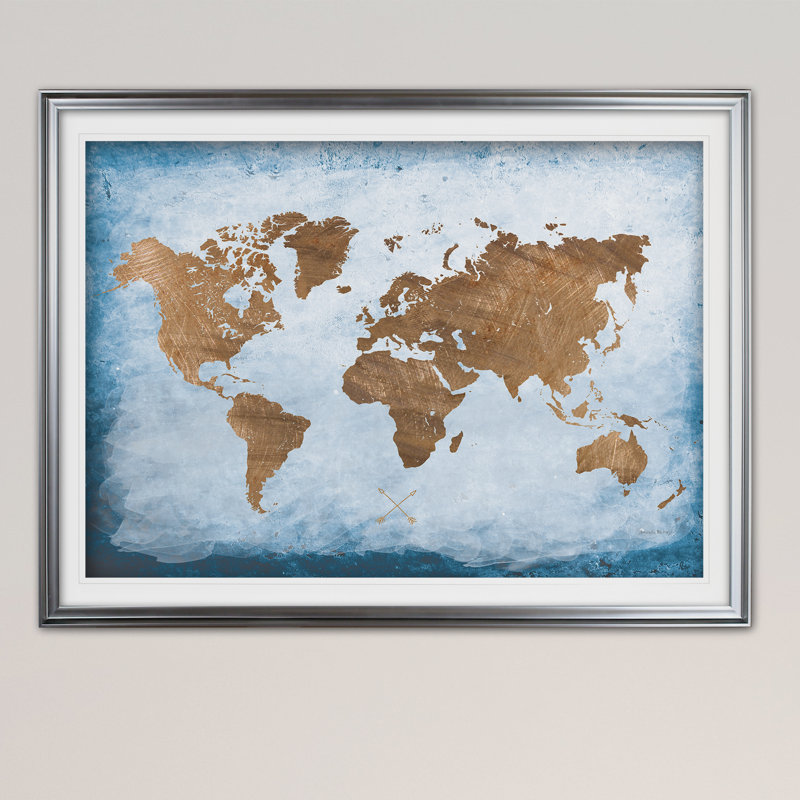 Washy World Map - reproduction d'art encadrée, Argent, H 30 po x l 40 po x P 1,5 po