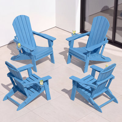 Set of 4 Folding Adirondack Chairs, Wood Texture, Cup Holder, All-Weather HDPE