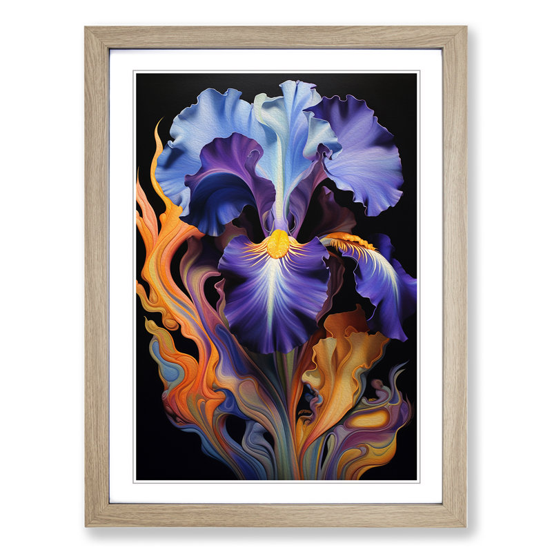 Iris Flower Art Deco - Framed Print, Oak Framed, 46cm H x 34cm W x 2cm D