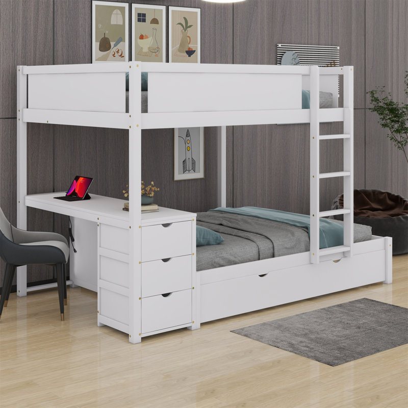 Lit superposé avec lit gigogne et bureau, Lit superposé double sur double, Blanc