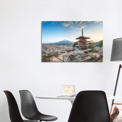 Chureito Pagoda With View Of Mount Fuji At The Arakura Sengen Shrine In Fujiyoshida by Jan Becke - Wrapped Canvas Print