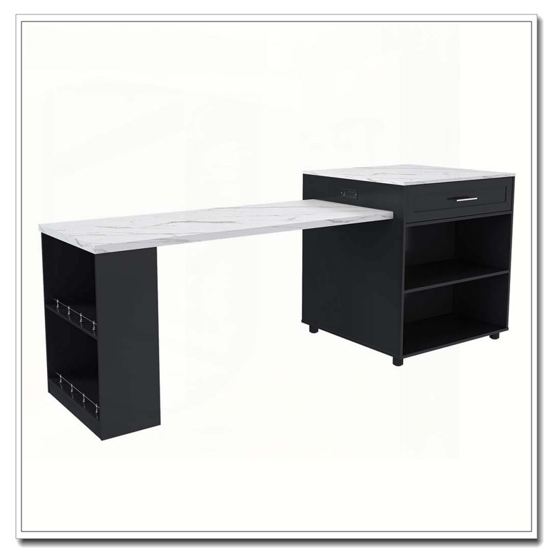 Îlot de cuisine de 80 pouces avec table de salle à manger, comptoir en grain de marbre avec prise de courant, chariot de rangement mobile avec armoire et 2 tiroirs, table de préparation pour la cuisine (noir)