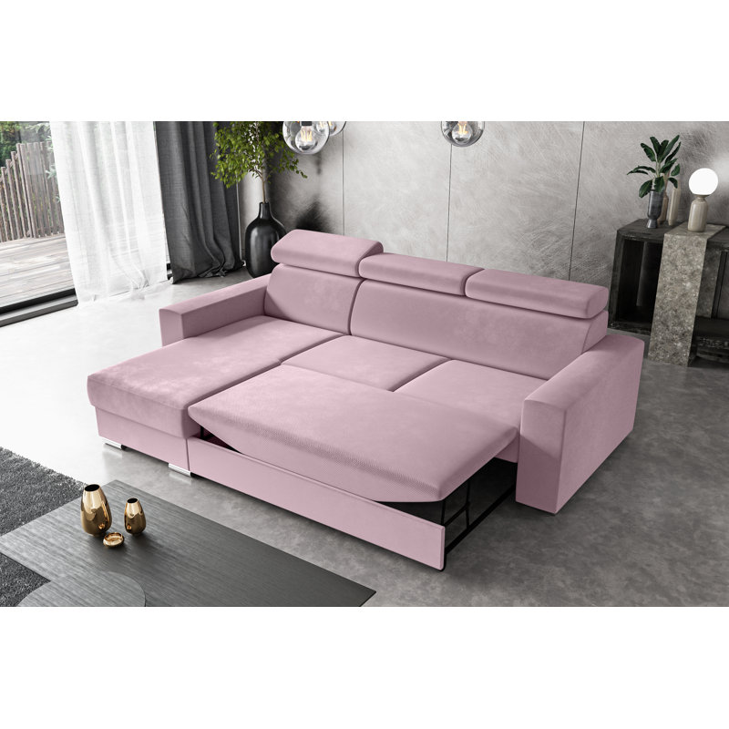 Philbert Corner Sofa Bed, Pink Polyester, Left Hand Facing