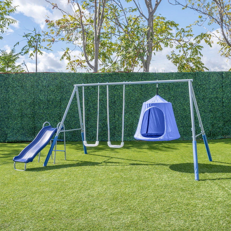 Blue Metal Swing Set with LED Swings and Wave Slide