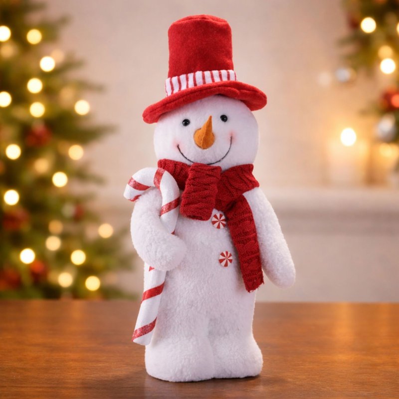Figurine de bonhomme de neige en peluche avec canne en bonbon et chapeau rouge