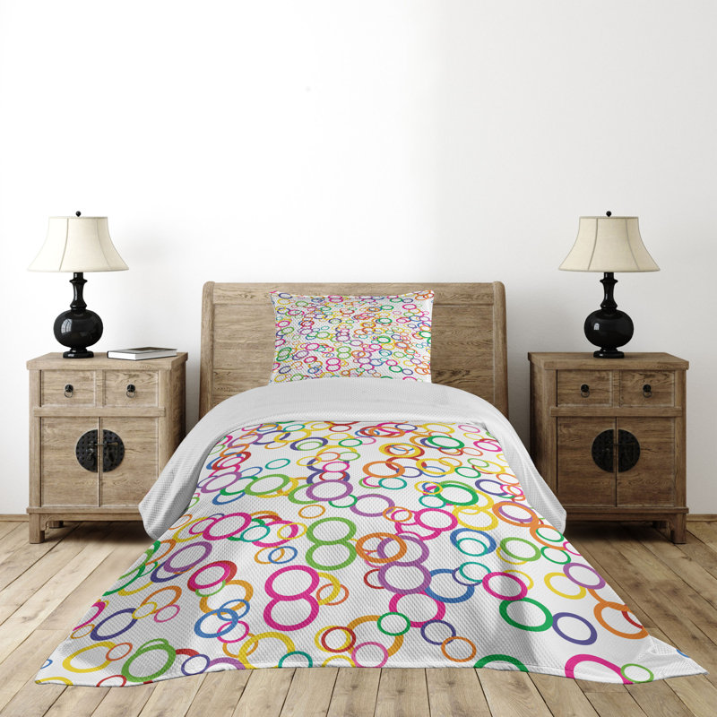 King Size White Quilted Bedspread Set with Colorful Circles