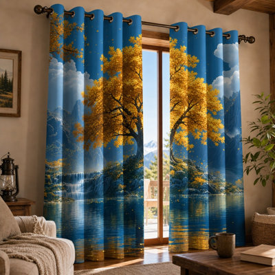 2Pcs Golden Autumn Tree Landscape Waterfall Curtains, Vibrant Nature Scenery Ring Top, Artistic Scenic Mountain Lake Printed, Light-Blocking for Living Room for Home Dector