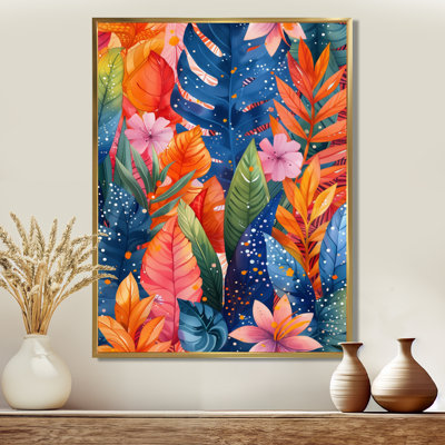 «Botanical Orange Blue Palm Leaves - Palmiers et palmiers», art mural