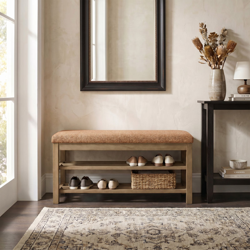 Upholstered Storage Bench with 2-Tier Shoe Rack, Orange