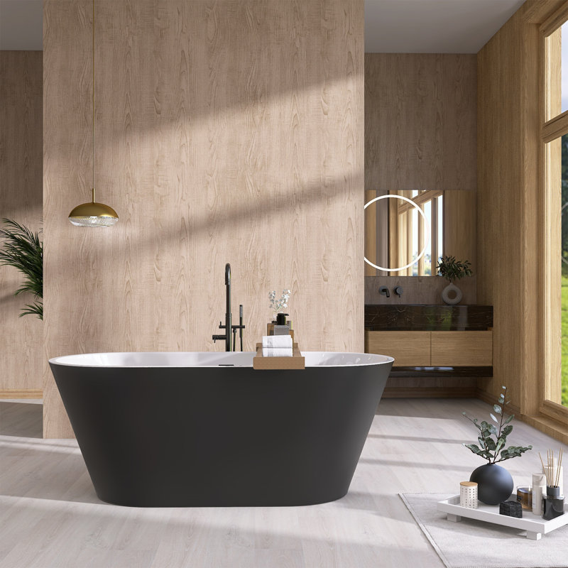59" x 30" Free Standing Soaking Acrylic Bathtub Modern Stand Alone Tub, Matte Black