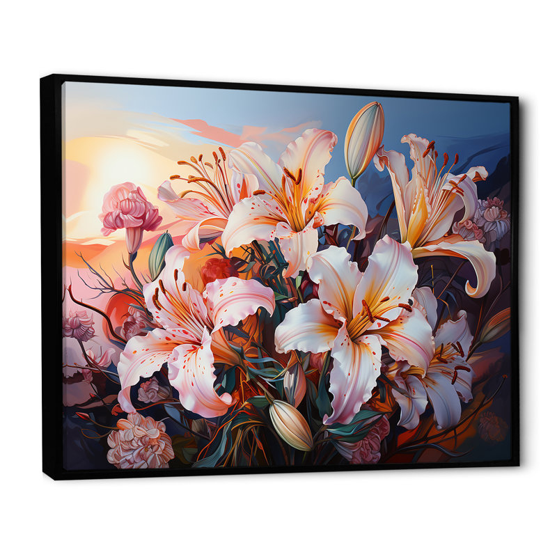 Succulent Sunset Lilies - reproduction sur toile, H 24 po x l 32 po x P 1 po, Cadre flottant noir