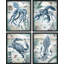 Nautique bloc de bois bleu pieuvre homard, crabe, calmar, ensemble de 4 animaux, impression murale encadrée sur papier, impression de 4 pièces-93012511-93012513