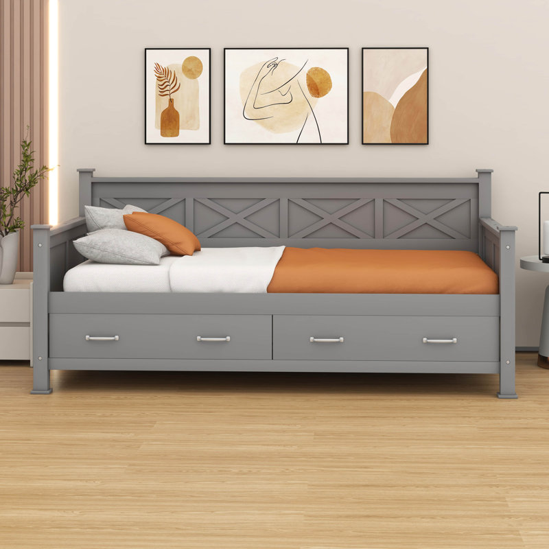 Twin Daybed With Storage Drawers, Solid Pinewood Day Bed With Safety Armrests, Gray