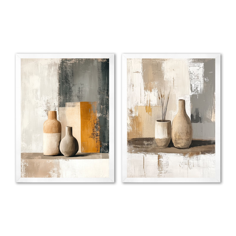 Céramique moderne I - Ensemble de 2 tableaux encadrés de style bohème, 32" H x 48" W, White Picture Framed