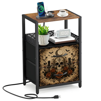 2 Fabric Drawers Night Stand with Charging Station Gothic Skull Roses Crescent Moon Ornate Candle Bedroom Bedside Table End Table with Open Shelf USB Ports and Outlets