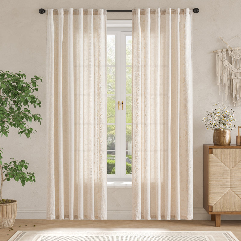 Rideaux en lin semi-transparents brodés à motif floral, Ivoire ivoire, L 50 po x L 84 po