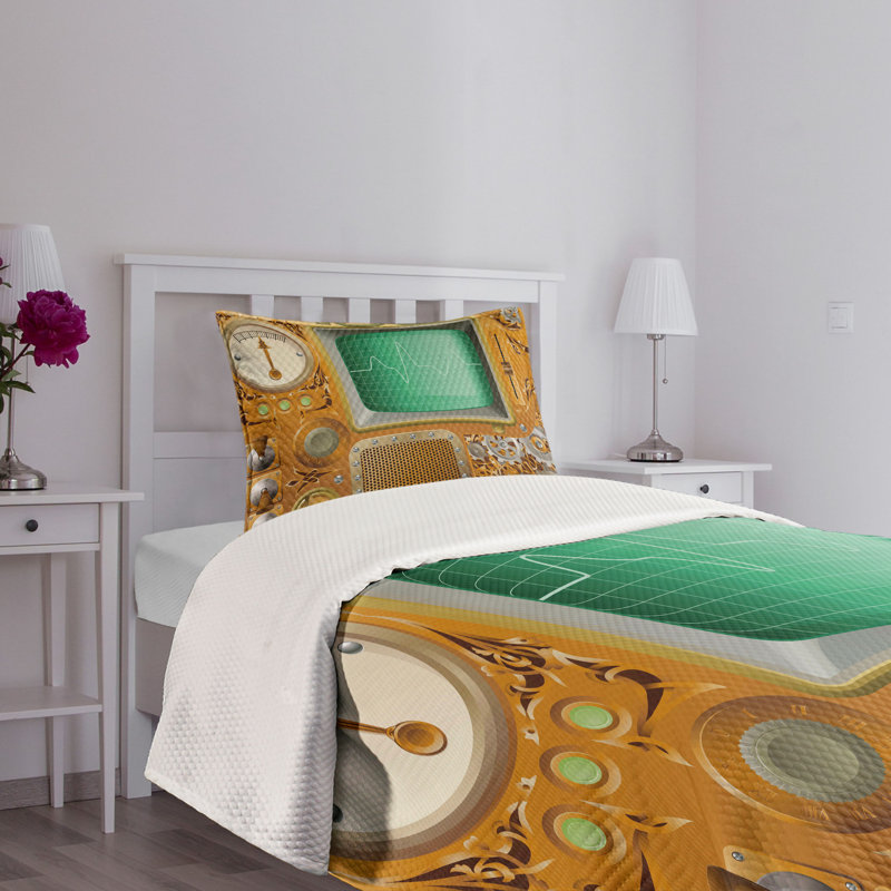 Twin Size Steampunk Machine Quilted Bedspread Set in Orange and Green