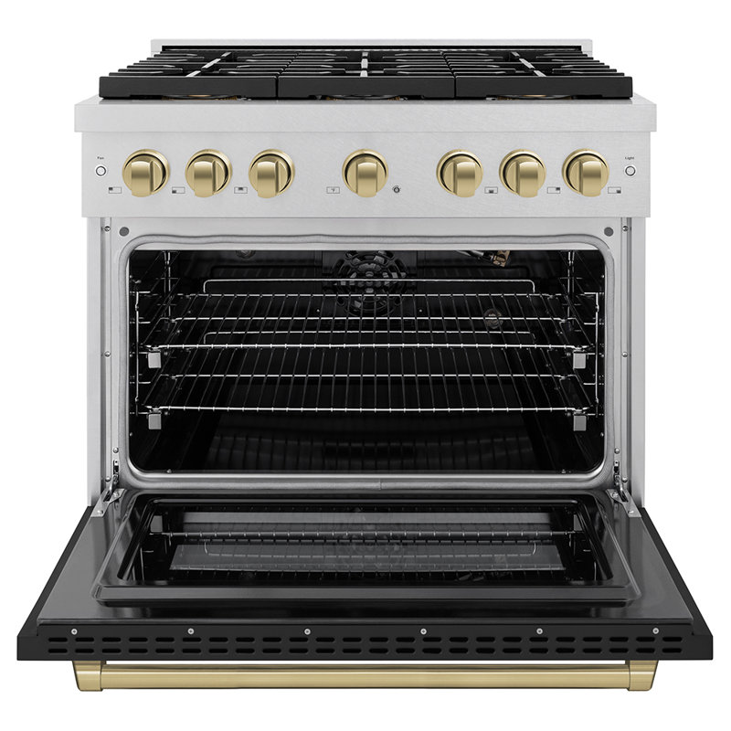 ZLINE Autograph Edition 36 in. 5.2 cu. ft. Paramount Gas Range W/ 6 Burner DuoPro Cooktop and Convection Gas Oven in Satin Stainless Steel W/ Black Matte Door and Champagne Bronze Accents