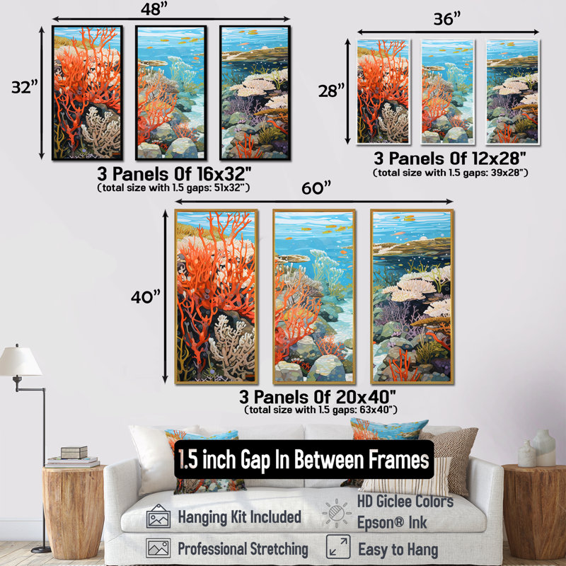 Corail et anémone III - Ensemble d'art mural corail sous l'eau, Cadre flottant doré, H 28 po x l 36 po x P 1 po