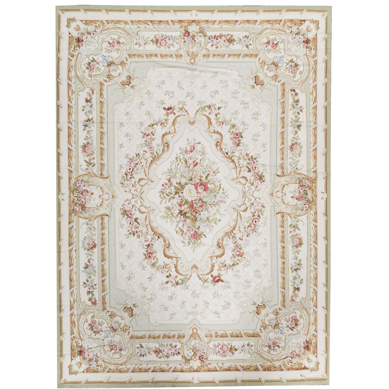 Hand-Knotted High-Quality Green and Ivory Area Rug