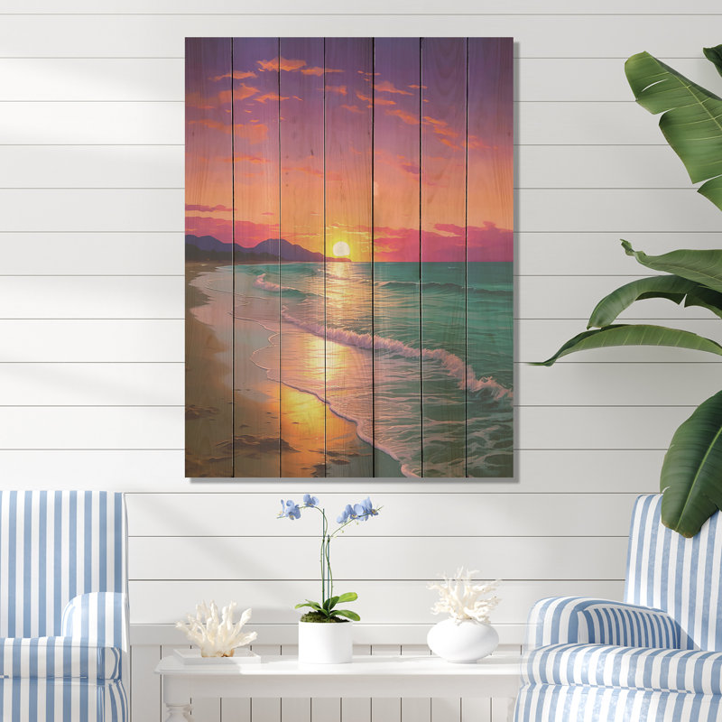 Coucher de soleil harmonie côtière sérénité II - sable de la plage côtière sur bois, H 32 po x l 24 po