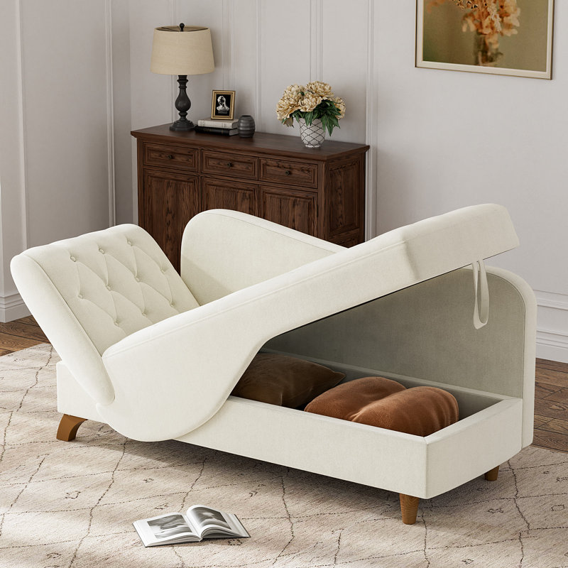 Beige Velvet Upholstered Chaise Lounge with Wooden Legs