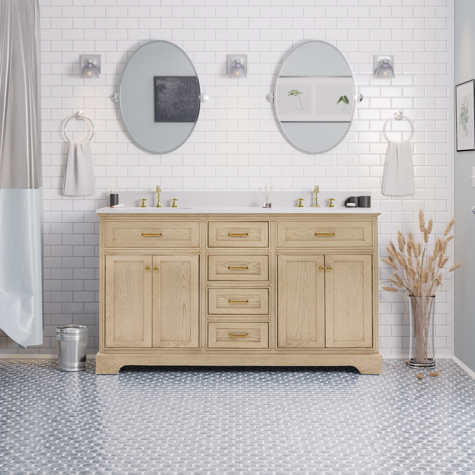 Ronnie 60'' Double Bathroom Vanity, Engineered White, Greige Oak