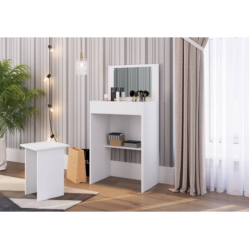 White Vanity Desk With Built-in Mirror –