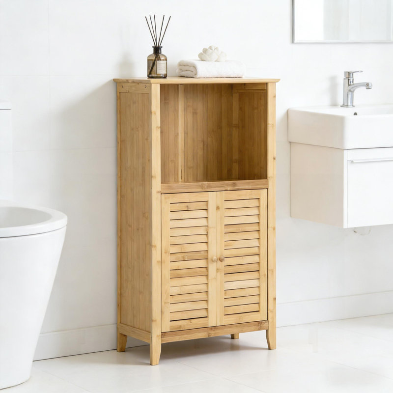 Lavande de plancher de salle de bain en bambou avec tablettes ouvertes et fermées, idéale pour maximiser le rangement et améliorer l'esthétique de la pièce