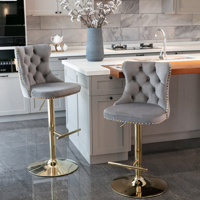 Golden Swivel Velvet Barstools Adjusatble Seat Height From 25-33 Inch