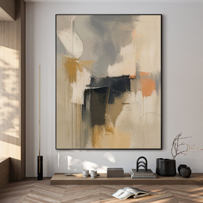 Très grand art mural imprimé sur tissu - Composition abstraite neutre avec accents or noir et gris doux pour le salon ou la chambre à coucher - «Assemblage requis du cadre (cadre non fini)»