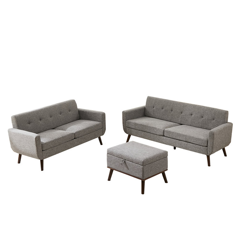 Ensemble de causeuse et canapé avec repose-pieds, ensemble de salon rembourré capitonné 3 pièces, Gris