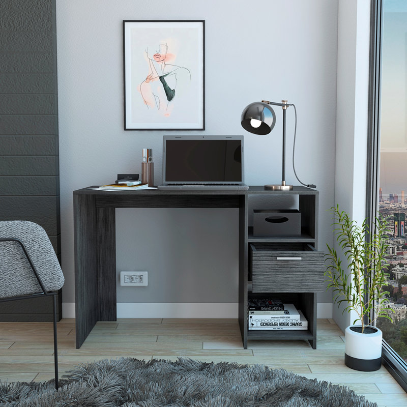 Bureau d'ordinateur, un tiroir, deux tablettes, Gris