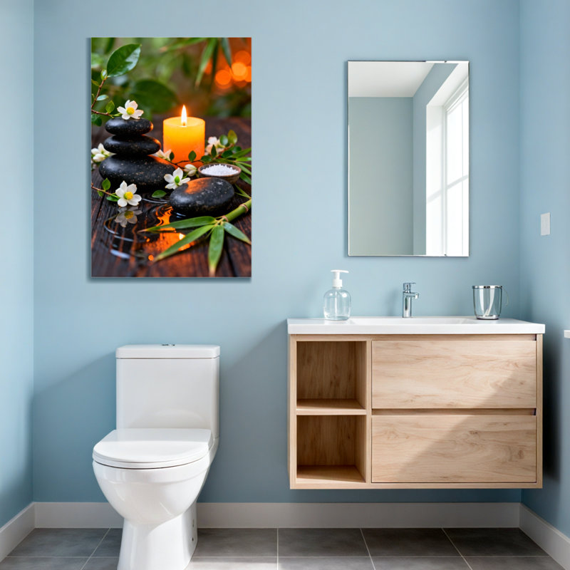 Bain et lessive Calme pierres zen bougie fleurs feuilles de bambou reflet de l'eau, H 18 po x l 12 po