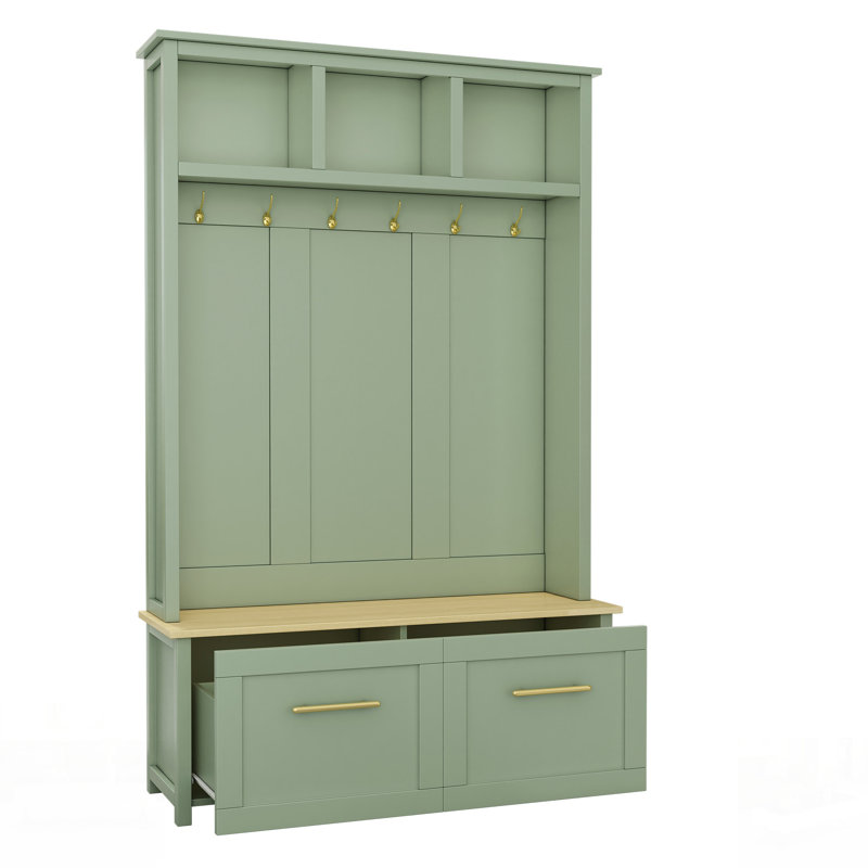Versatile 4-In-1 Hall Tree With 6 Hooks, Wood Grain Bench, Multiple Storage, Entryway Coat Rack, 2 Drawers, Mint Green