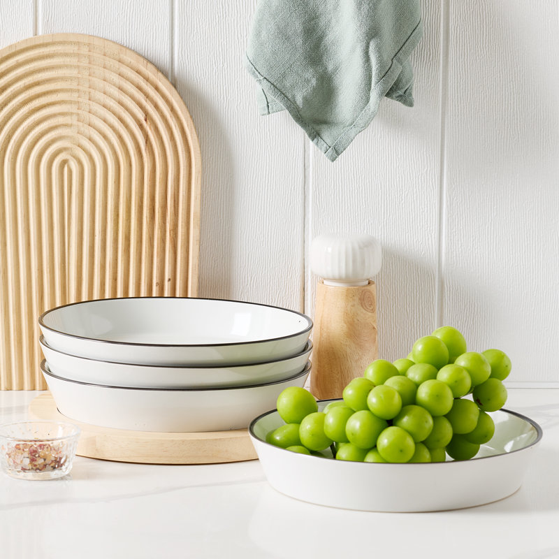  4-Piece Stoneware Pasta Bowl Set, White with Black Edge