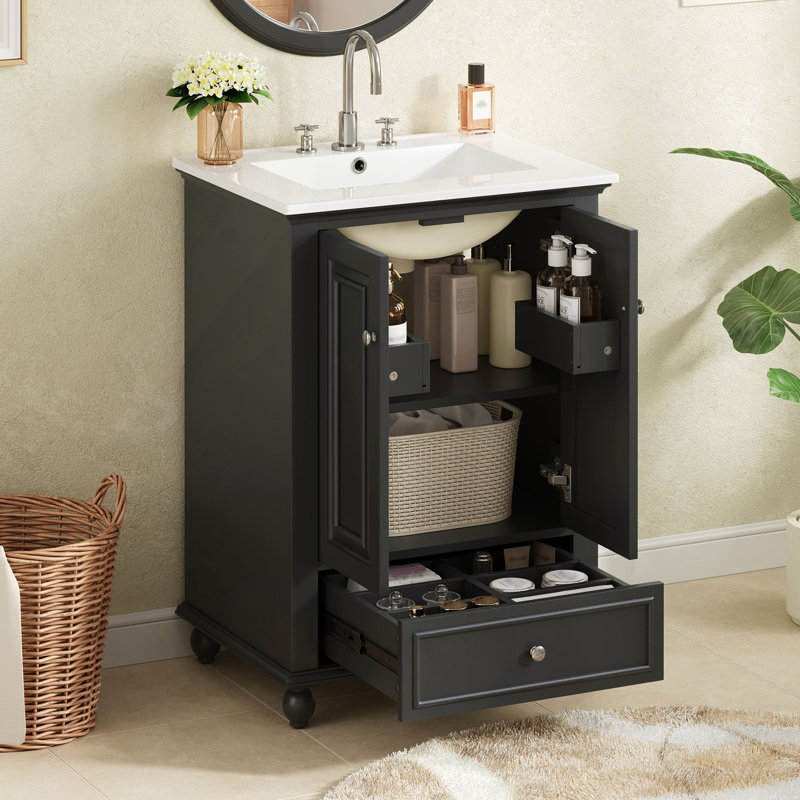 Meuble-lavabo de 24 po avec lavabo en céramique, armoire de rangement avec portes à fermeture douce, armoire de salle de bain avec tiroir et séparateurs de tiroir