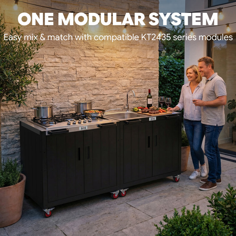 Station de cuisson d'extérieur au propane 35 po à 5 brûleurs avec plateau en acier inoxydable, armoire de rangement et roues verrouillables FEASTO