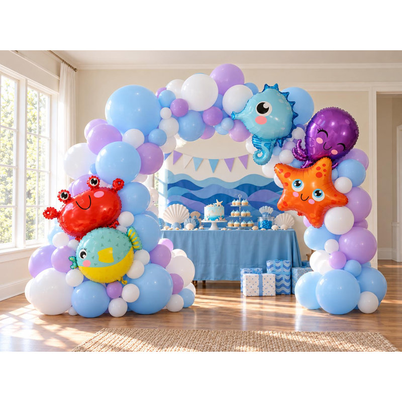 Ensemble de guirlande de ballons sous la mer, 121 ballons, cinq feuilles d'animaux de mer, décor d'anniversaire bleu clair, mauve clair, blanc