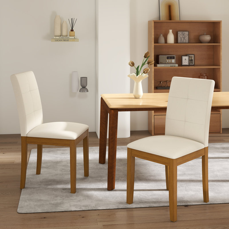 Ensemble de 2 chaises de salle à manger rembourrées en tissu avec pieds en bois massif, beige, Beige