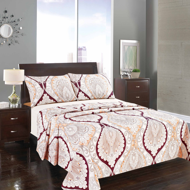 Mandala Microfiber Paisley Sheet Set, King Sheet Set + Fitted Sheet + 2 Pillowcases