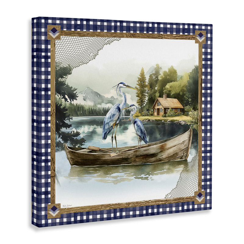 Hérons sur bateau avec toile tartan, design par Nicole DeCamp, H 24 po x l 24 po