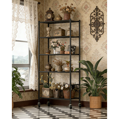 5 Tier Storage Shelves Organizer, Metal Shelf With Wheels And Leveling Feet, Heavy Duty Garage Shelving For Kitchen Pantry, Black, 33.1X12.6X73.5 Inch
