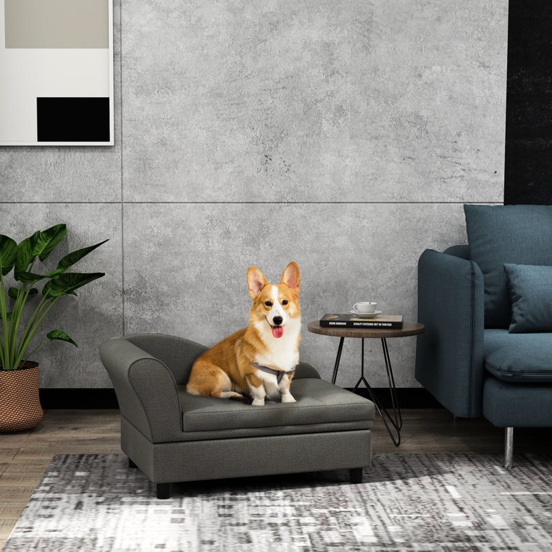 Lit surélevé pour animaux de compagnie de petite taille, gris avec rangement caché et coussin de relaxation - Chiens de taille compartimentée