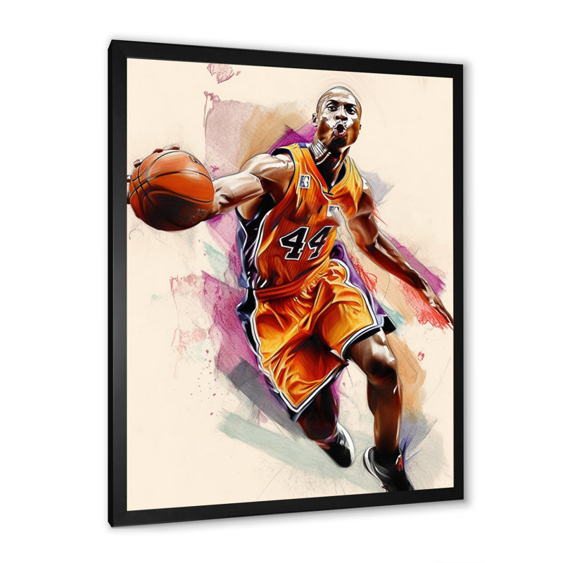 Dessin d'un joueur de basketball en action - impression de toile de basketball, H 32 po x l 24 po x P 1 po, Cadre noir