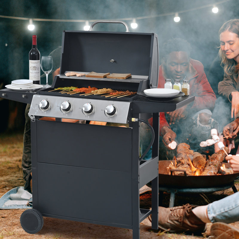 Barbecue au propane en acier inoxydable à 4 brûleurs, 34 000, avec grilles de cuisson et deux tablettes pour la construction du balcon, roues de patio transportables