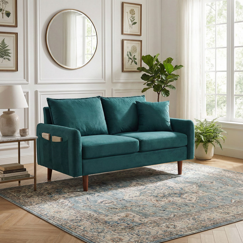 55.8" Loveseat velvet Sofa With Wooden Legs,modern Design With Cushions, Dark Cyan